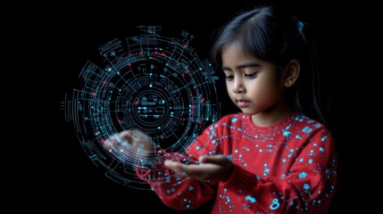 Young Girl Engaging with Futuristic Holographic Technology Display