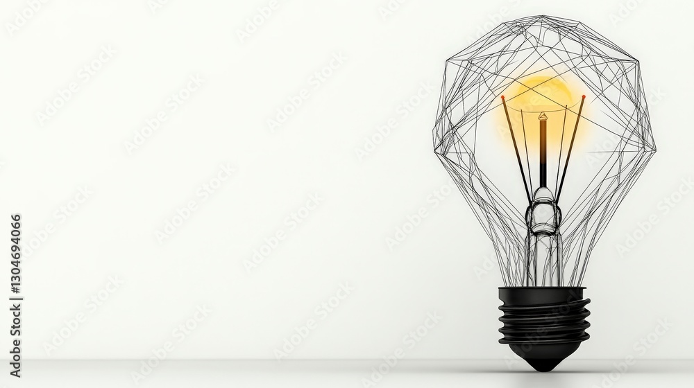 Poster wireframe light bulb design with glowing element on white background