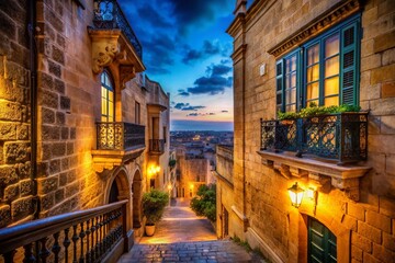 Fototapeta premium Night Photography: Traditional Mdina Balcony, Malta - Historic Architecture
