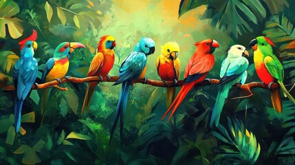 Vibrant birds perched in Costa Rica tropical rainforest, surrounded by lush greenery