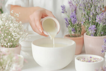 Delicate hand pouring cream into ceramic bowl surrounded by lavender and gypsophila flowers in soft pastel pottery arrangement
