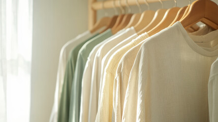 Minimalist clothing line on wooden hangers in soft natural light displaying neutral and pastel tones
