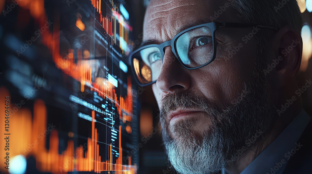 Poster modern business leader analyzes financial data using holographic technology in futuristic setting