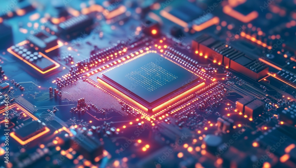 Poster high-tech cpu on circuit board glows