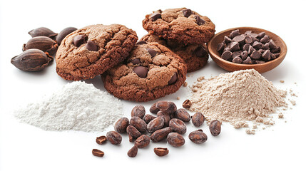 Chocolate chip cookies in the center with cocoa beans