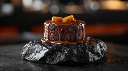 Molten lava cake on volcanic rock with rich chocolate and bold dessert styling