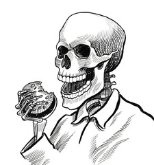 Skeleton eating burger. Hand drawn ink black and white illustration