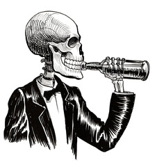 Skeleton drinking beer. Hand drawn ink black and white illustration