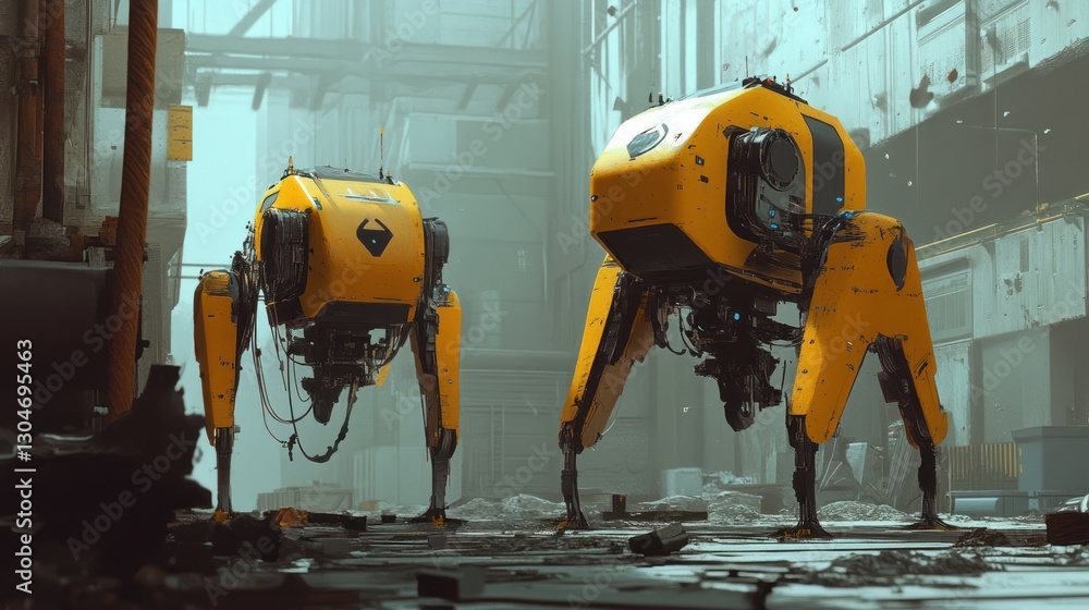 Poster two futuristic yellow automated robots standing in a derelict industrial zone convey a sense of tech