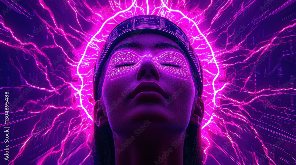 Poster high-tech brainwave headband enhances knowledge absorption in a futuristic setting