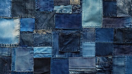 A patchwork of various shades of blue denim