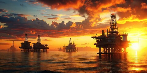 Offshore Oil Rigs Sunset Ocean Landscape - Energy Exploration