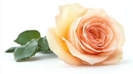 Elegant peach rose blossom on white background showcasing delicate petals and green leaves in soft light floral beauty