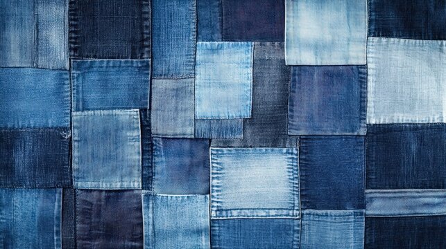 A patchwork of denim squares in various shades of blue
