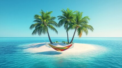 Naklejka premium A tropical island with a colorful hammock tied between two palm trees, surrounded by the bright blue sea, isometric view
