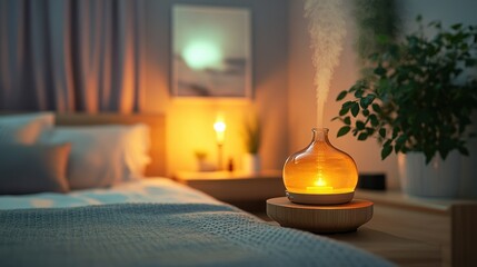 Serene bedroom ambience with aroma diffuser creating a relaxing atmosphere for better sleep and wellness