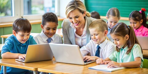 Teacher assisting diverse children with laptops for educational activities in a modern classroom setting