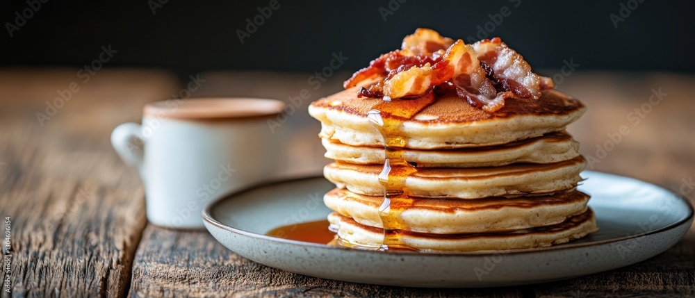 Poster delicious stack of pancakes topped with crispy bacon and drizzled maple syrup on rustic wooden table