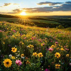 Fototapeta premium Colorful wildflowers cover a meadow during sunset with a scenic horizon. Concept of natural beauty and tranquility. For nature-themed designs