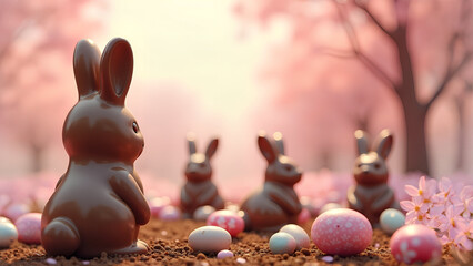 chocolate Easter bunny chocolatier baker Easter eggs blurred background chocolate, eggs bakery chef chocolate factory chocolate bunny