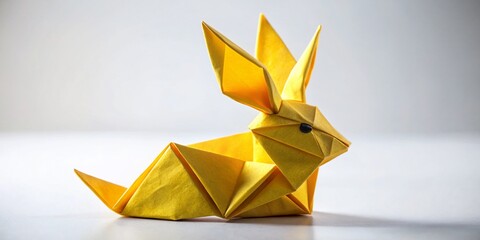 Origami Rabbit, Yellow Paper Craft, Isolated White Background, Handmade Animal Figure, Japanese Art