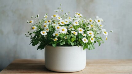 A garden-inspired arrangement with peppermint, daisies, and wild greens, styled in a simple ceramic pot