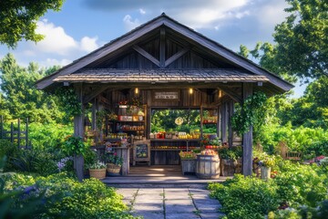 Fototapeta premium A rustic-style freestanding shop with a wooden shingle roof and open air design surrounded by greenery