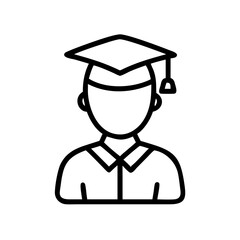 Student icon, minimalist style, black line drawing, graduation cap and gown, academic symbol