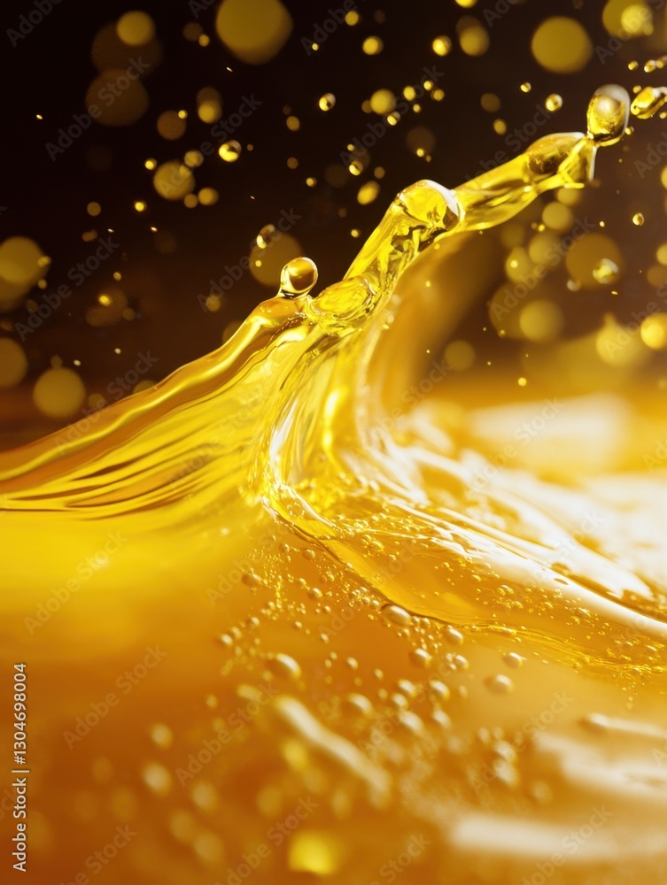 Poster golden liquid splash with bubbles against dark backdrop creating a dynamic and refreshing visual imp