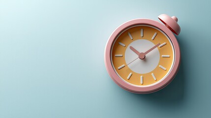 A cute alarm clock in pastel colors resting on blue background