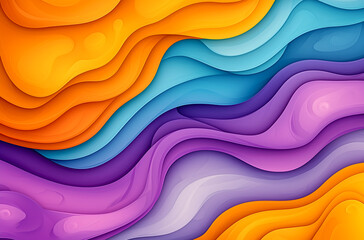 Colorful abstract background with wavy shapes and gradients, featuring a purple, orange, yellow, and blue gradient in a paper-cut style.