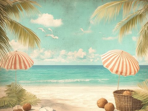 A retro beach scene with coconuts and vintage elements like striped umbrellas and wicker baskets