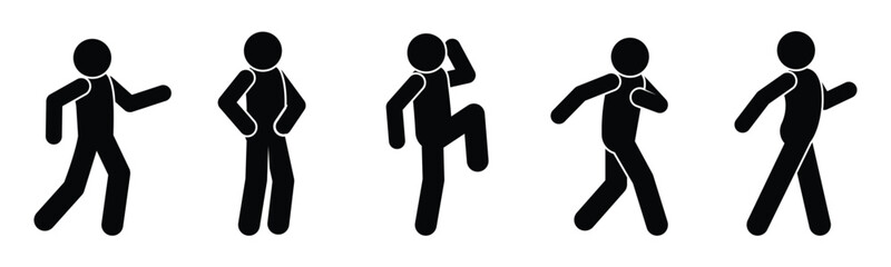 icon man, stick figure people, stickman walks, stands and runs, set of human silhouettes, vector illustration	

