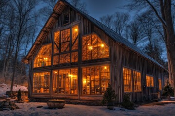 Obraz premium A rustic barn converted into a home, its warm interior lights visible through large wooden-framed windows