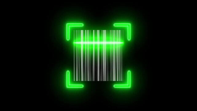 A neon scanner icon animates with a glowing, sweeping light across a barcode, while the barcode scanner icon pulses as it scans, showcasing dynamic, futuristic tech. - Powered by Adobe