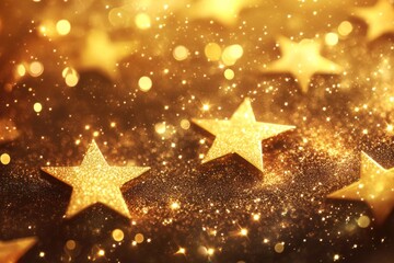 Sparkling golden stars on glitter background.