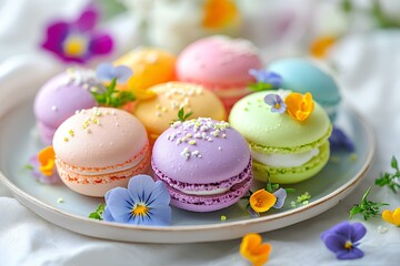 Egg-shaped macarons in vibrant pastel colors, served on a plate decorated with edible flowers