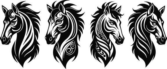 artistic black and white horse head collection, silhouette
