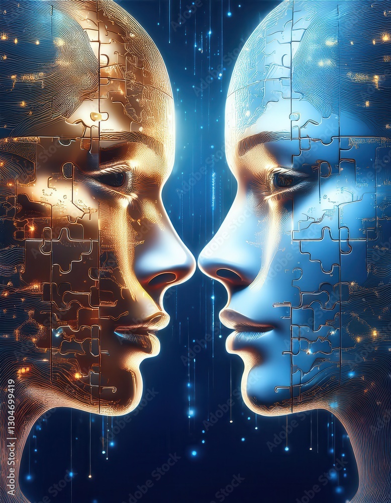 Poster two faces merge in intricate golden and blue puzzle designs, showcasing unity and contrast in a digi