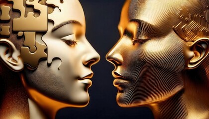 Fototapeta premium Two faces merging in a striking profile of intricate golden puzzle pieces and smooth contours