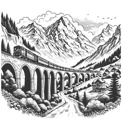 Fototapeta premium train passing over a stone viaduct, surrounded by mountains and forests. Majestic natural scene sketch engraving generative ai raster illustration. Scratch board imitation. Black and white image.