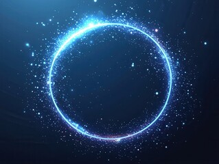 Luminous circle of sparkling particles on a dark blue background creating a magical and ethereal atmosphere with a cosmic feel