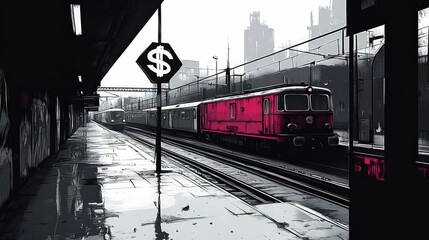 Naklejka premium Red train departs urban railway station platform.