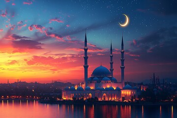 Obraz premium Mosque at Sunset with Minarets Crescent Moon and Water Reflection