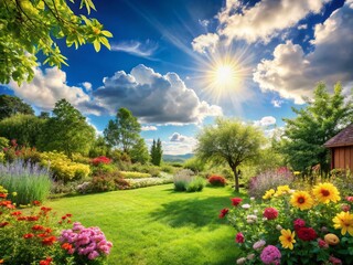 Obraz premium Panoramic Breezy Backyard Summer Scene: Lush Green Grass, Blue Sky