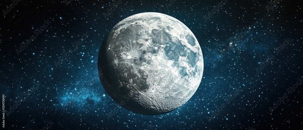 Aufkleber detailed moon surface with craters and texture in a starry space background with cosmic dust and cel