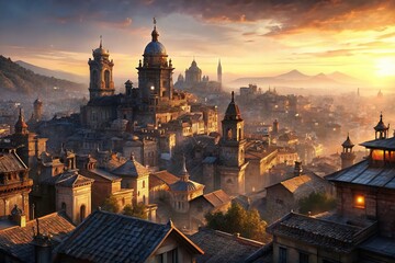 Fototapeta premium Panoramic Cityscape: Historic Rooftops & Distant Hills - Urban Exploration Photography