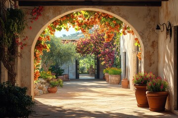 Fototapeta premium A rustic Mediterranean archway leading to a sunlit courtyard filled with flowering vines and terracotta planters