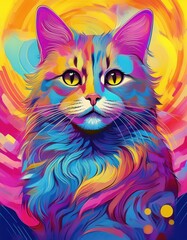Farbintensive Katzenillustration mit leuchtendem Fell und hypnotischen gelben Augen im modernen Kunststil