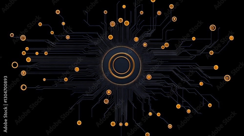 Poster abstract digital circuit with orange nodes and black background